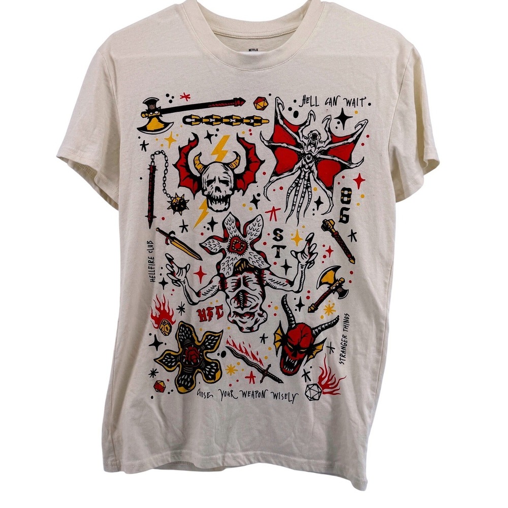Stranger Things Hellfire‎ Club T-Shirt Cream Tattoo Graphic S1L008BUAFW Small
